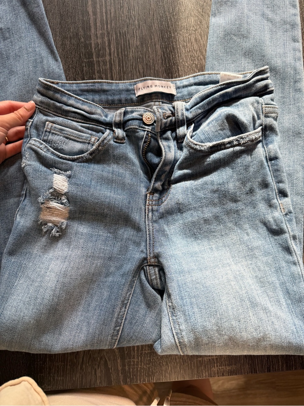 Flying Monkey Women's Light Blue Distressed Straight Leg Jeans